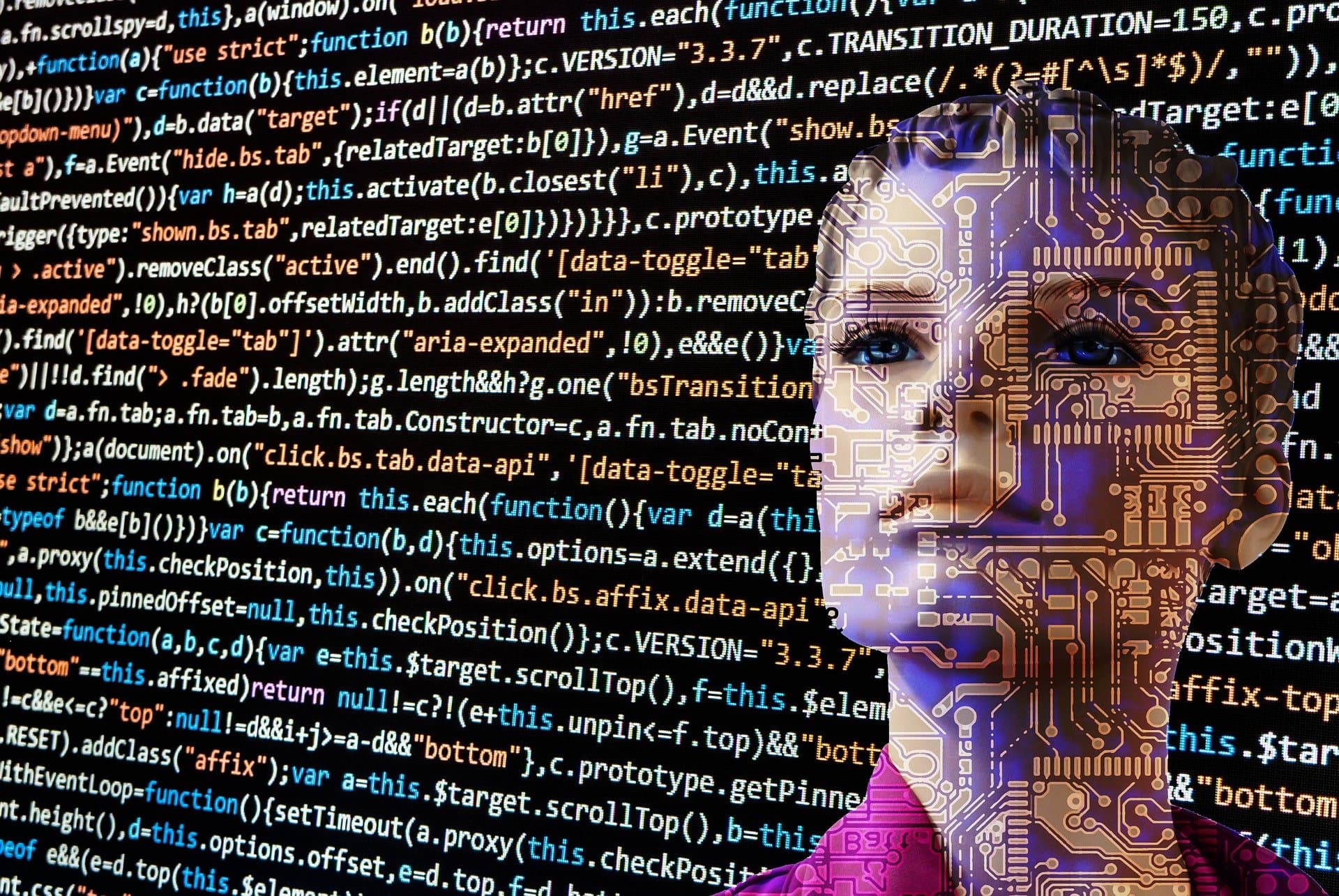 A woman with a circuit-board pattern projected across her face in front of computer code